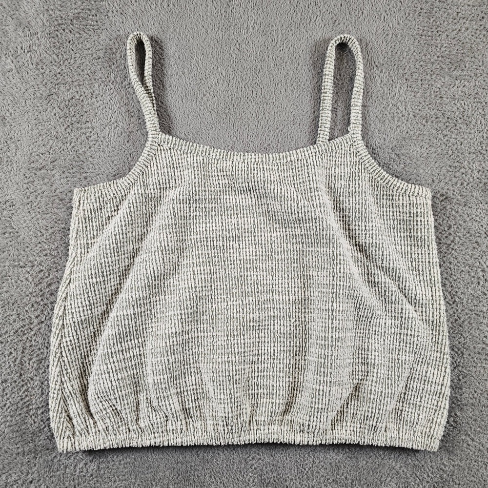 LOFT Womens Medium Olive Green White Textured Knit Cropped Cami Bubble Hem Top